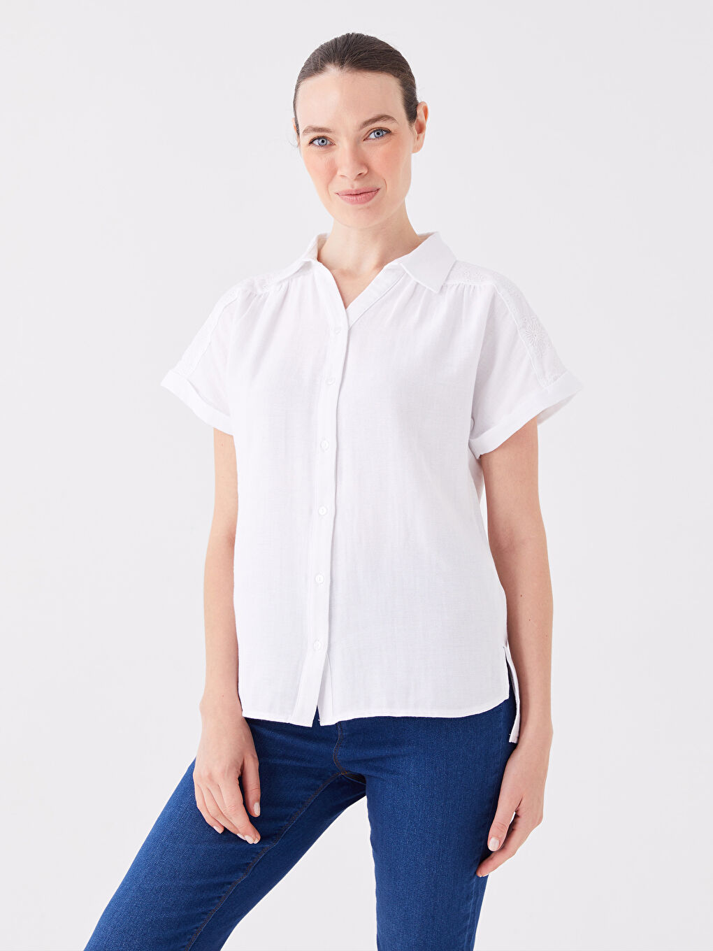 Shirt Collar Straight Short Sleeve Women's Blouse-1