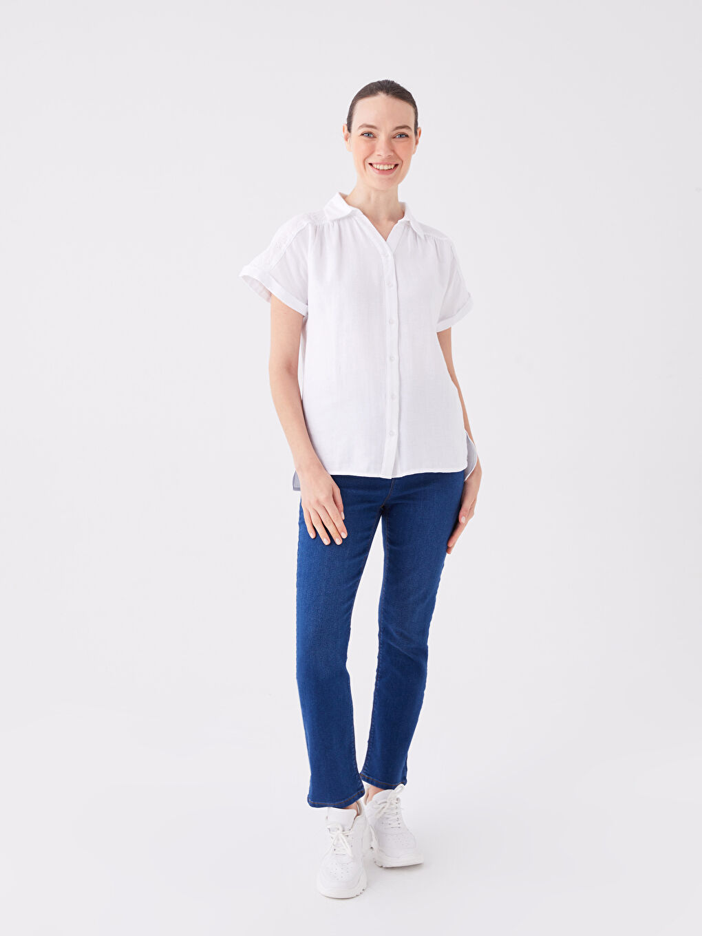 Shirt Collar Straight Short Sleeve Women's Blouse-2