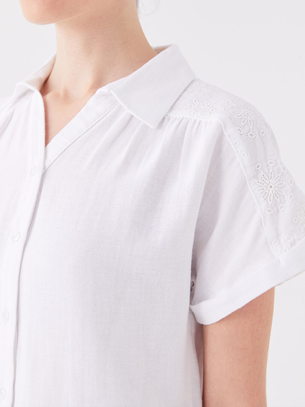 Shirt Collar Straight Short Sleeve Women's Blouse-3