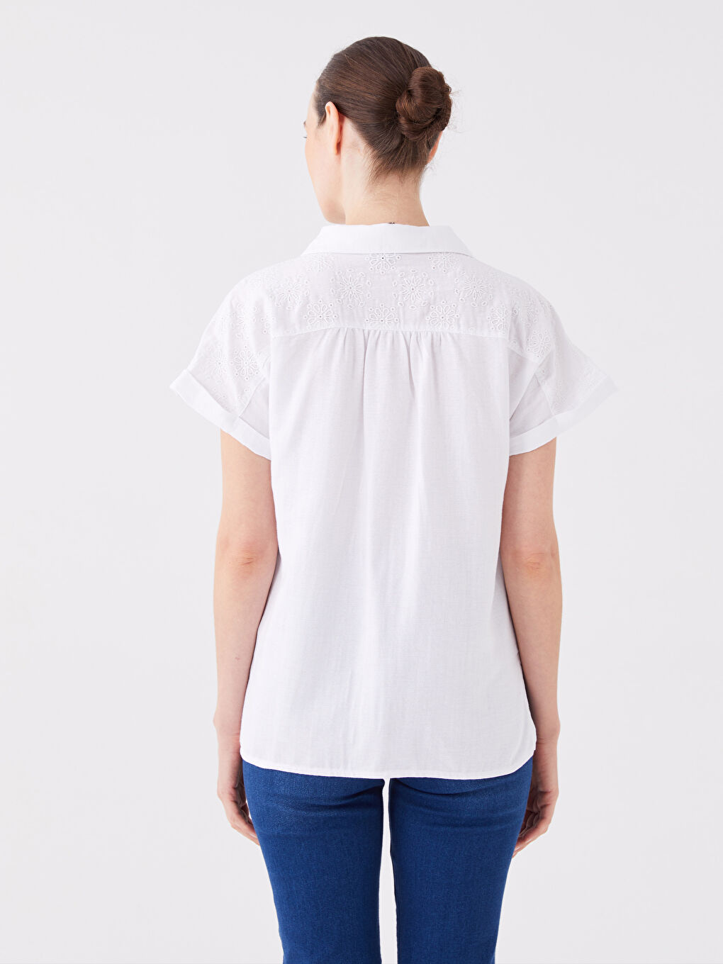 Shirt Collar Straight Short Sleeve Women's Blouse-4