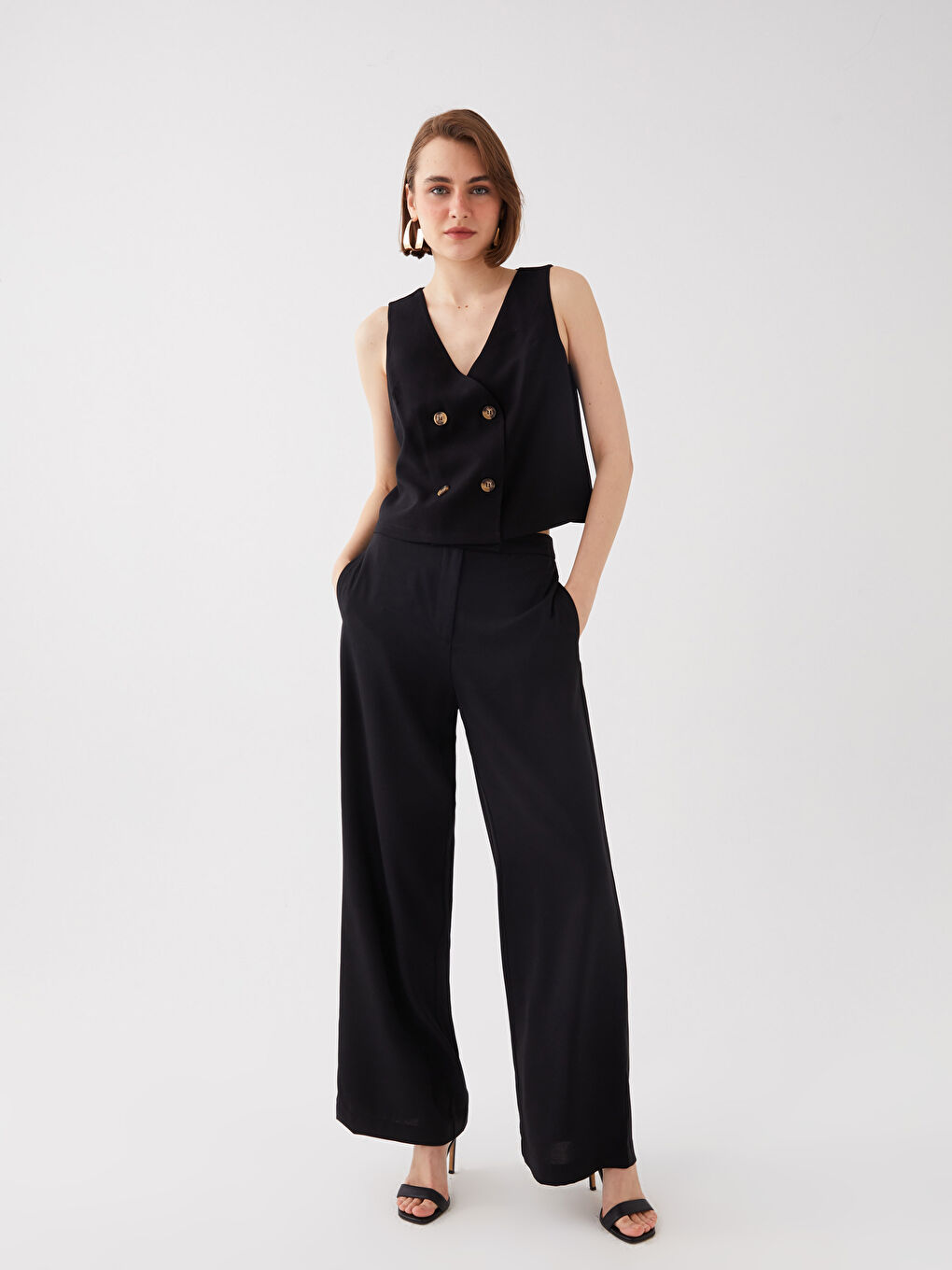 Siyah Kadın Standart Fit Düz Palazzo Pantolon