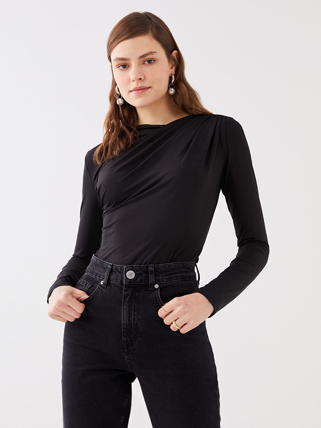 LCW Vision Women's Flowy Collar Straight Long Sleeve Blouse -S3GM09Z8-CVL