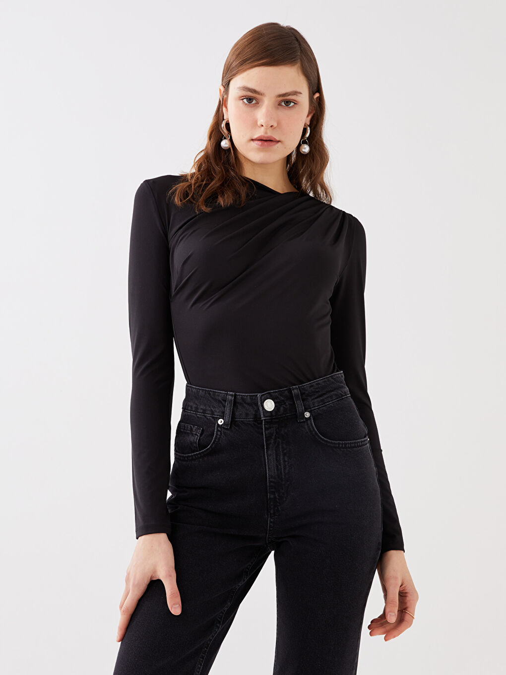 LCW Vision Women's Flowy Collar Straight Long Sleeve Blouse -S3GM09Z8-CVL
