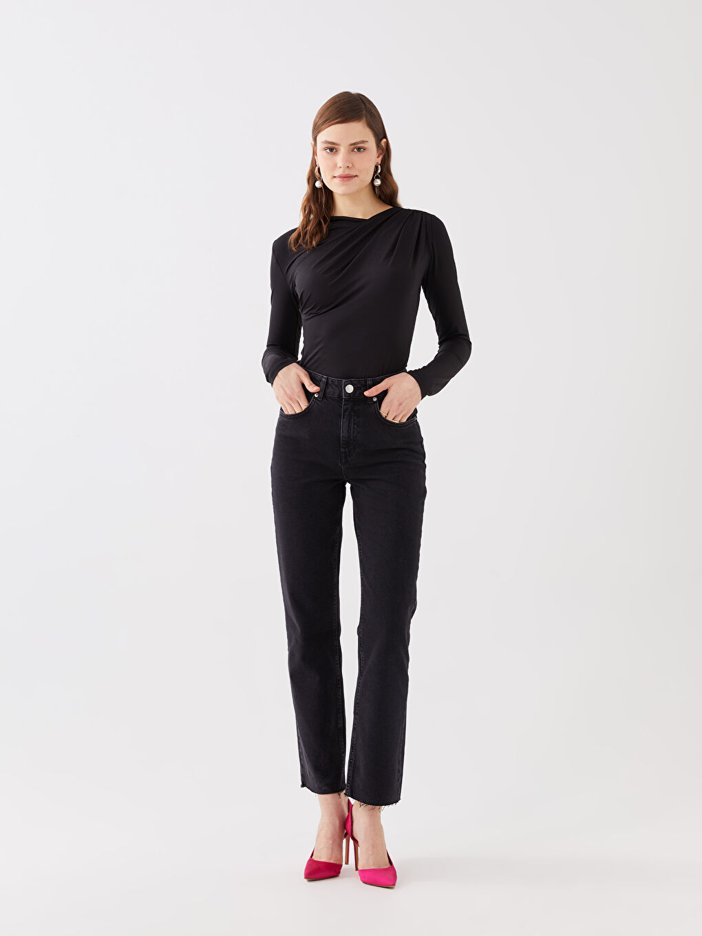 LCW Vision Women's Flowy Collar Straight Long Sleeve Blouse -S3GM09Z8-CVL