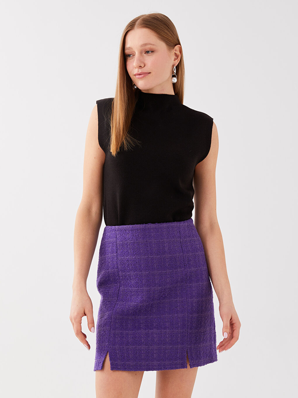 Zippered Waist Patterned Tweed Women's Skirt -S3GM20Z8-HFJ