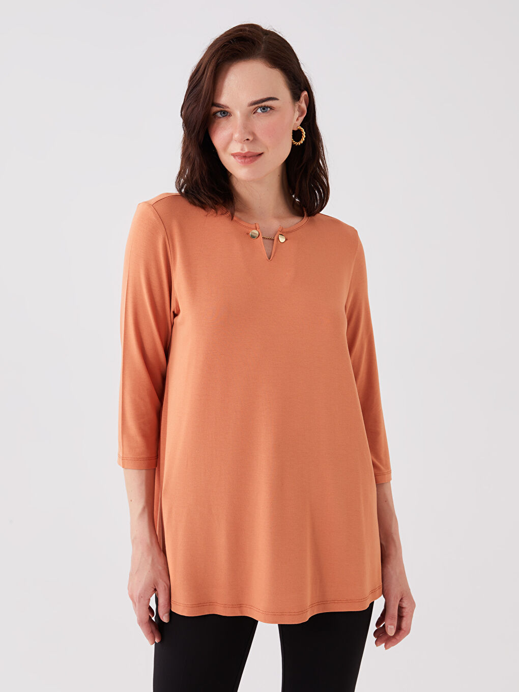 Turuncu Kadın Bisiklet Yaka Düz Tişört