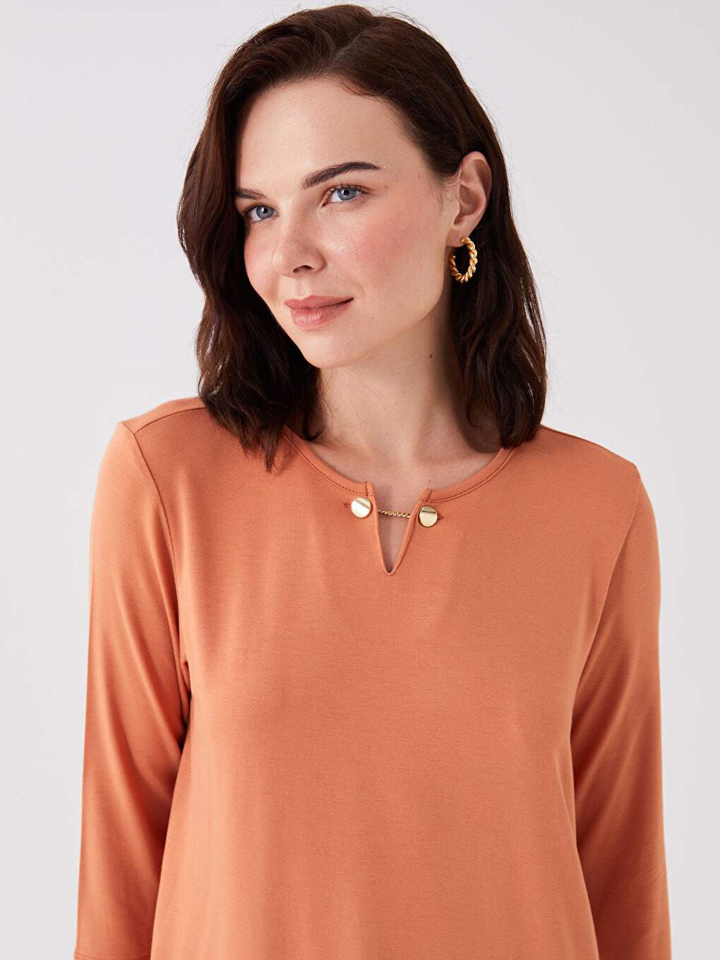 Turuncu Kadın Bisiklet Yaka Düz Tişört-1