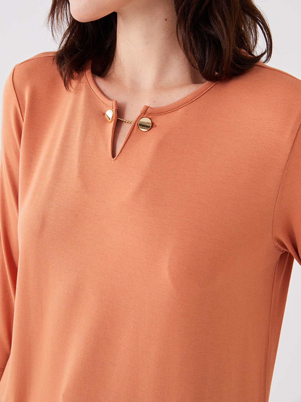 Turuncu Kadın Bisiklet Yaka Düz Tişört-3