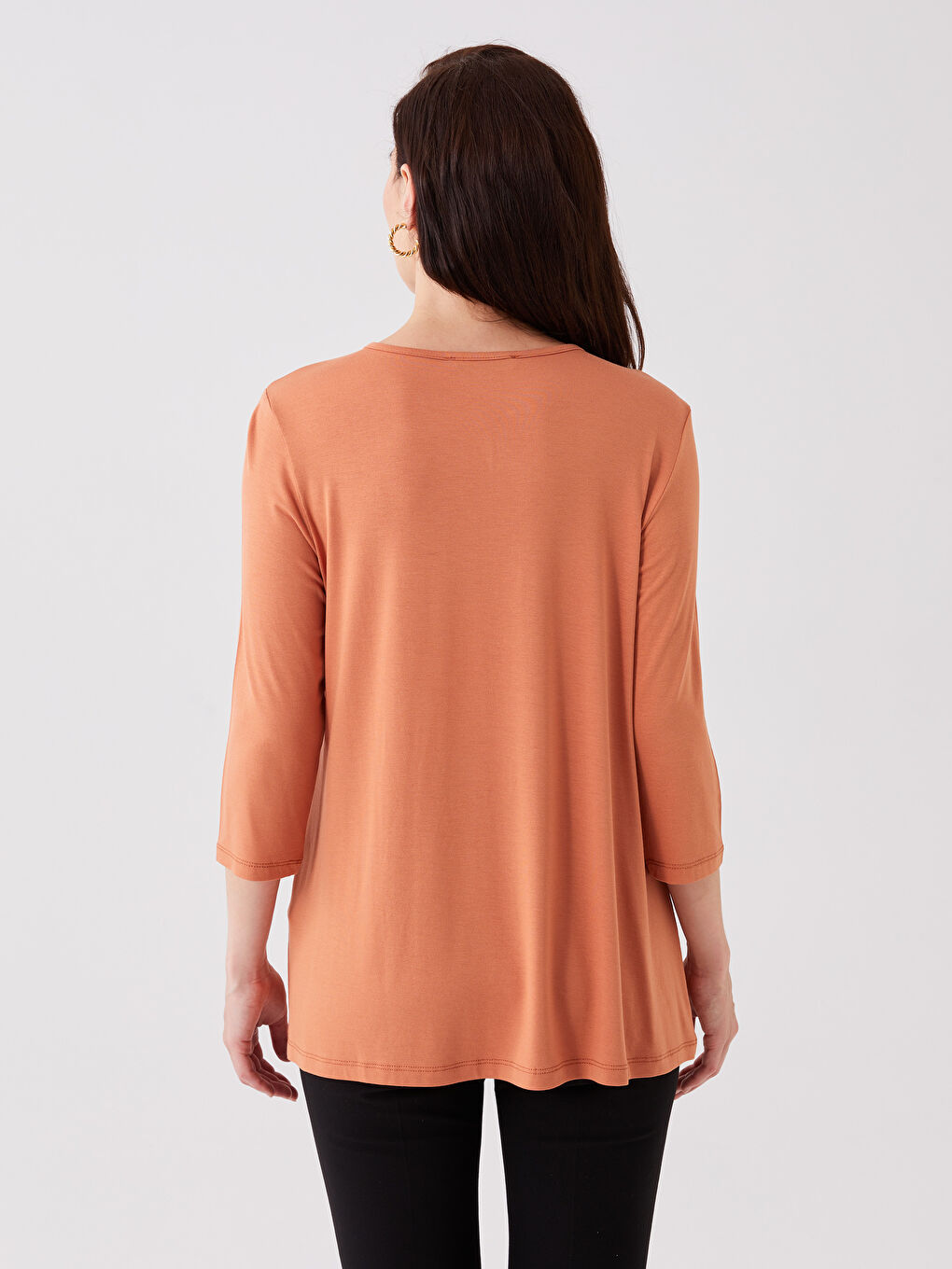 Turuncu Kadın Bisiklet Yaka Düz Tişört-4