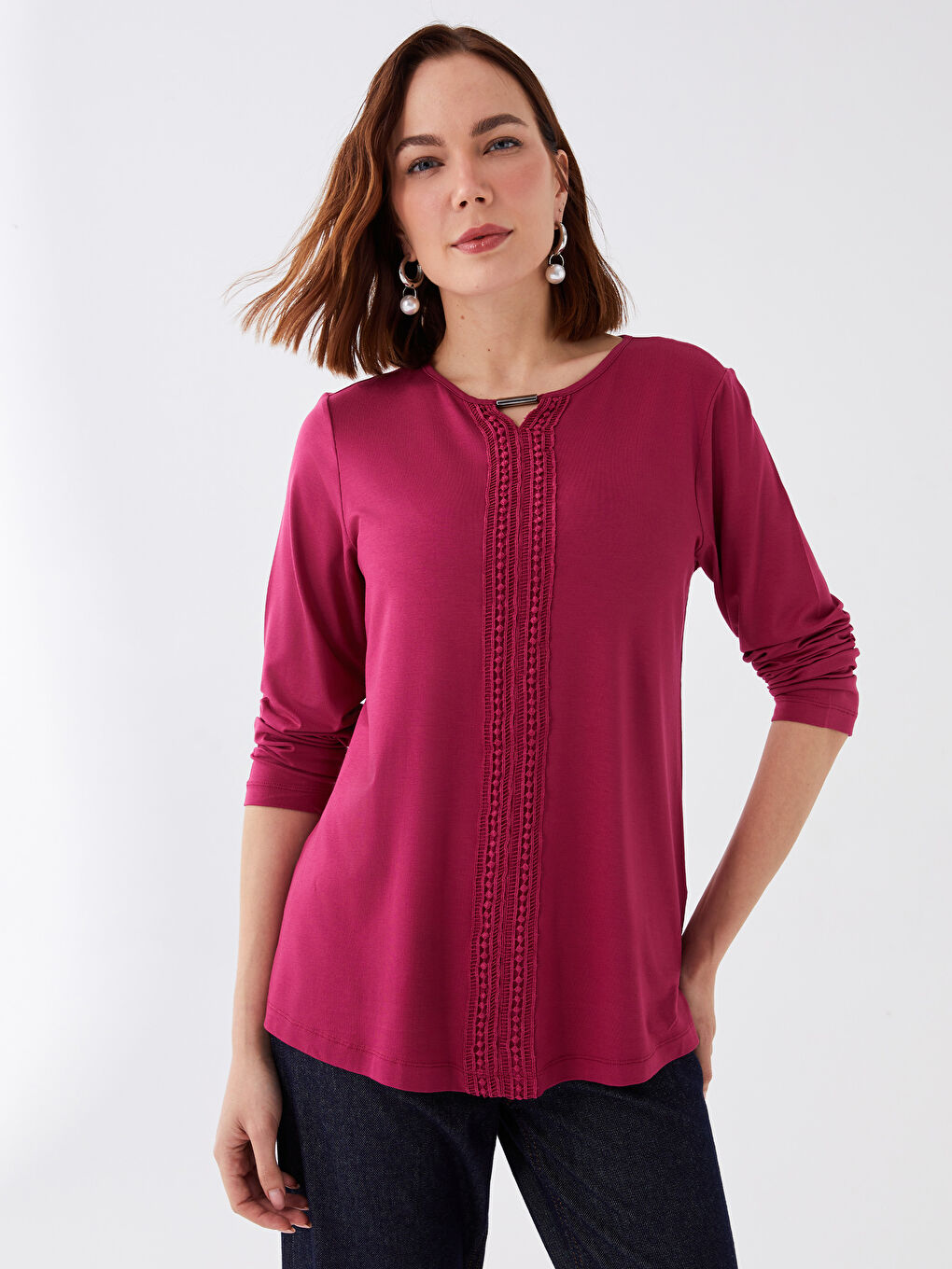 Bordo Bisiklet Yaka Nakışlı Uzun Kollu Kadın Bluz