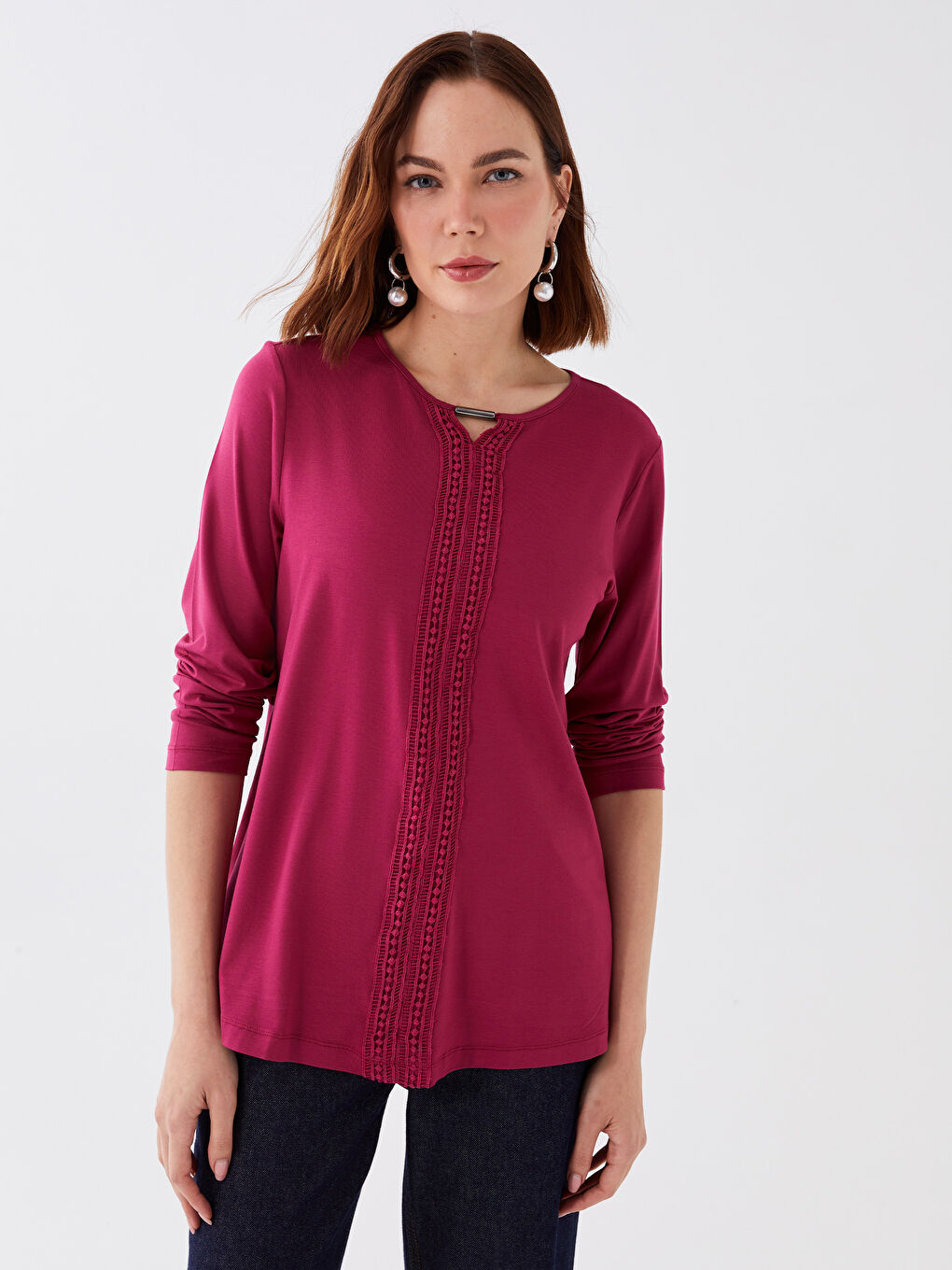 Bordo Bisiklet Yaka Nakışlı Uzun Kollu Kadın Bluz-1