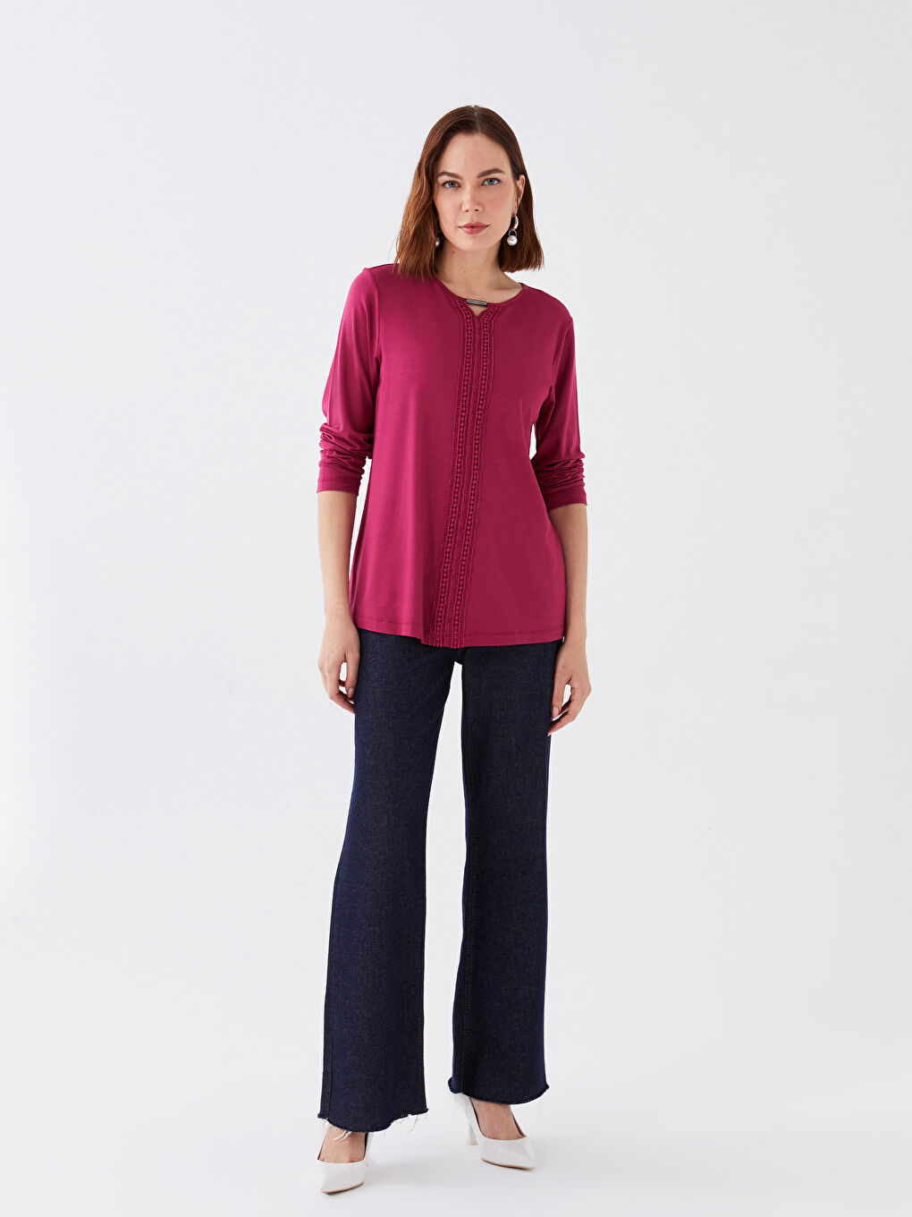 Bordo Bisiklet Yaka Nakışlı Uzun Kollu Kadın Bluz-2