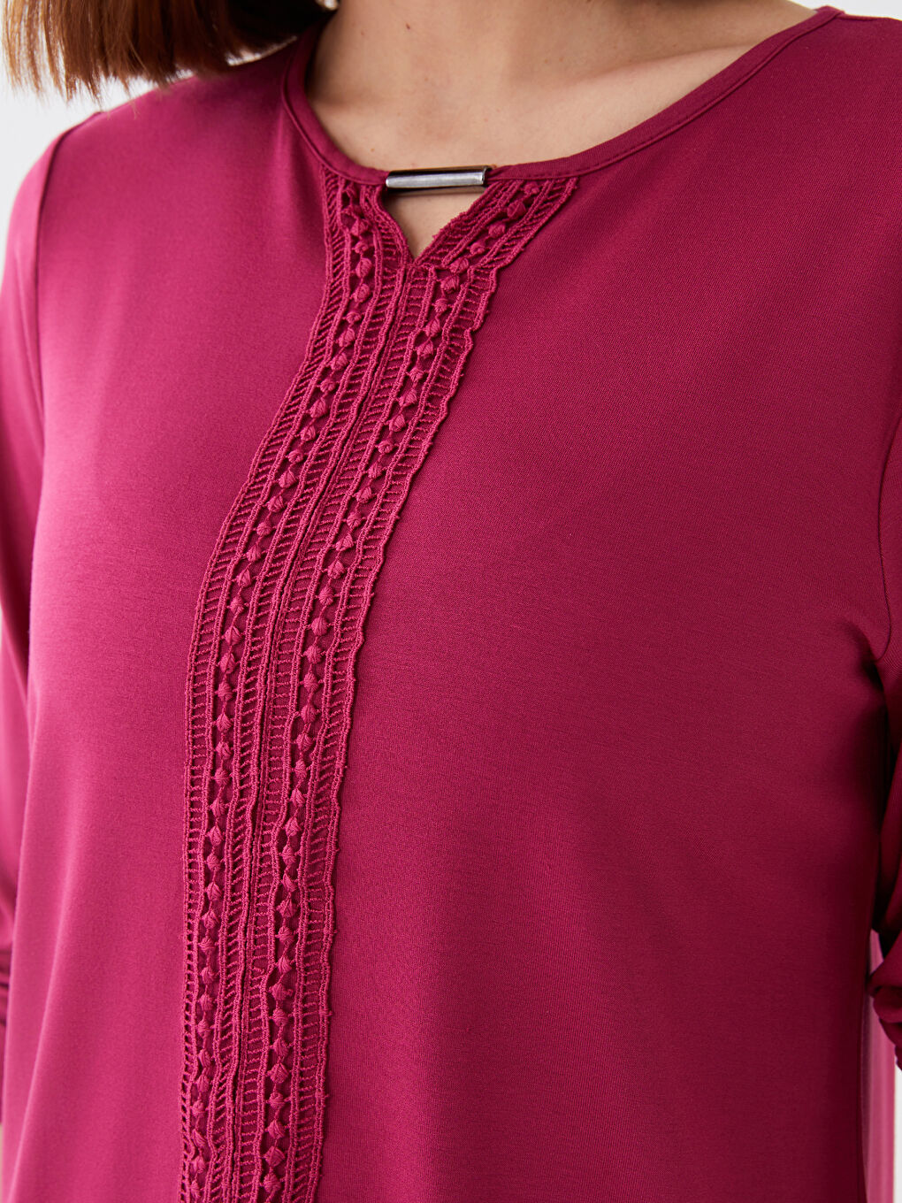 Bordo Bisiklet Yaka Nakışlı Uzun Kollu Kadın Bluz-3