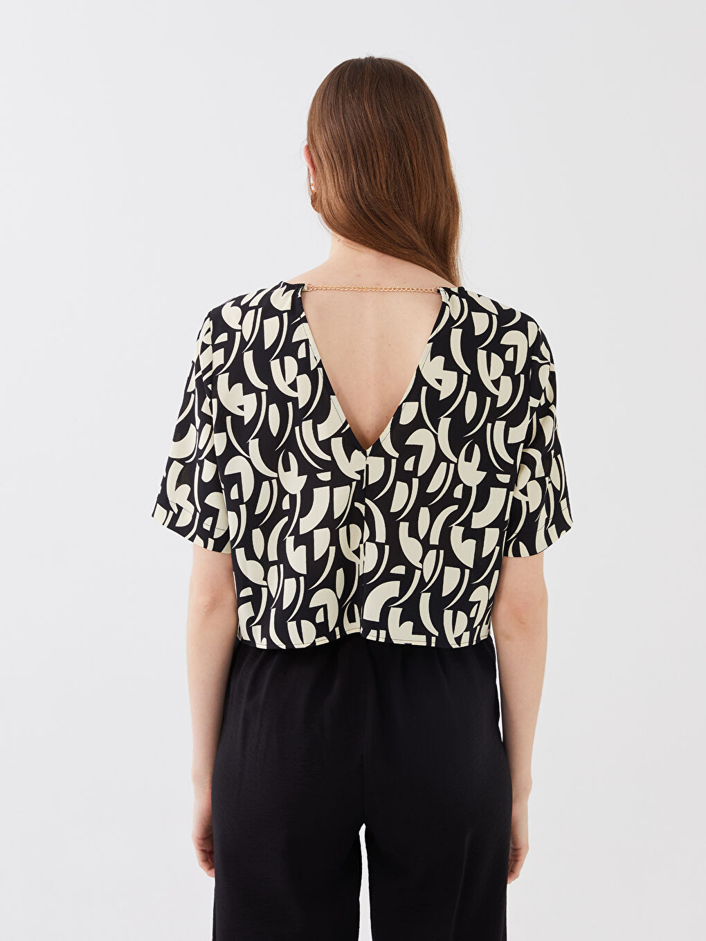 Crew Neck Patterned Short Sleeve Crop Women's Blouse-4