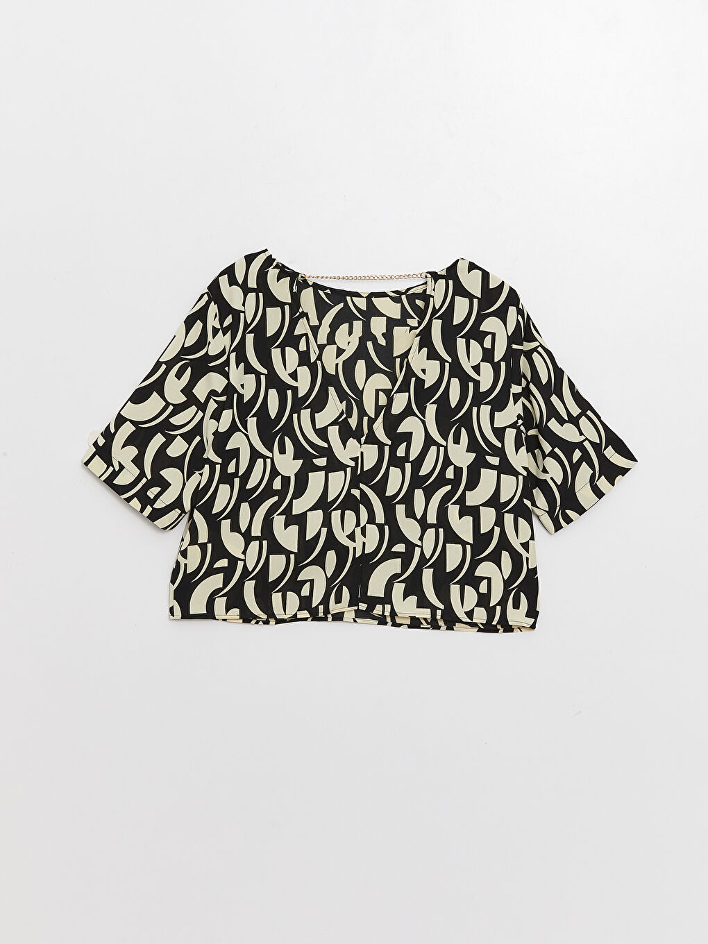 Crew Neck Patterned Short Sleeve Crop Women's Blouse-6