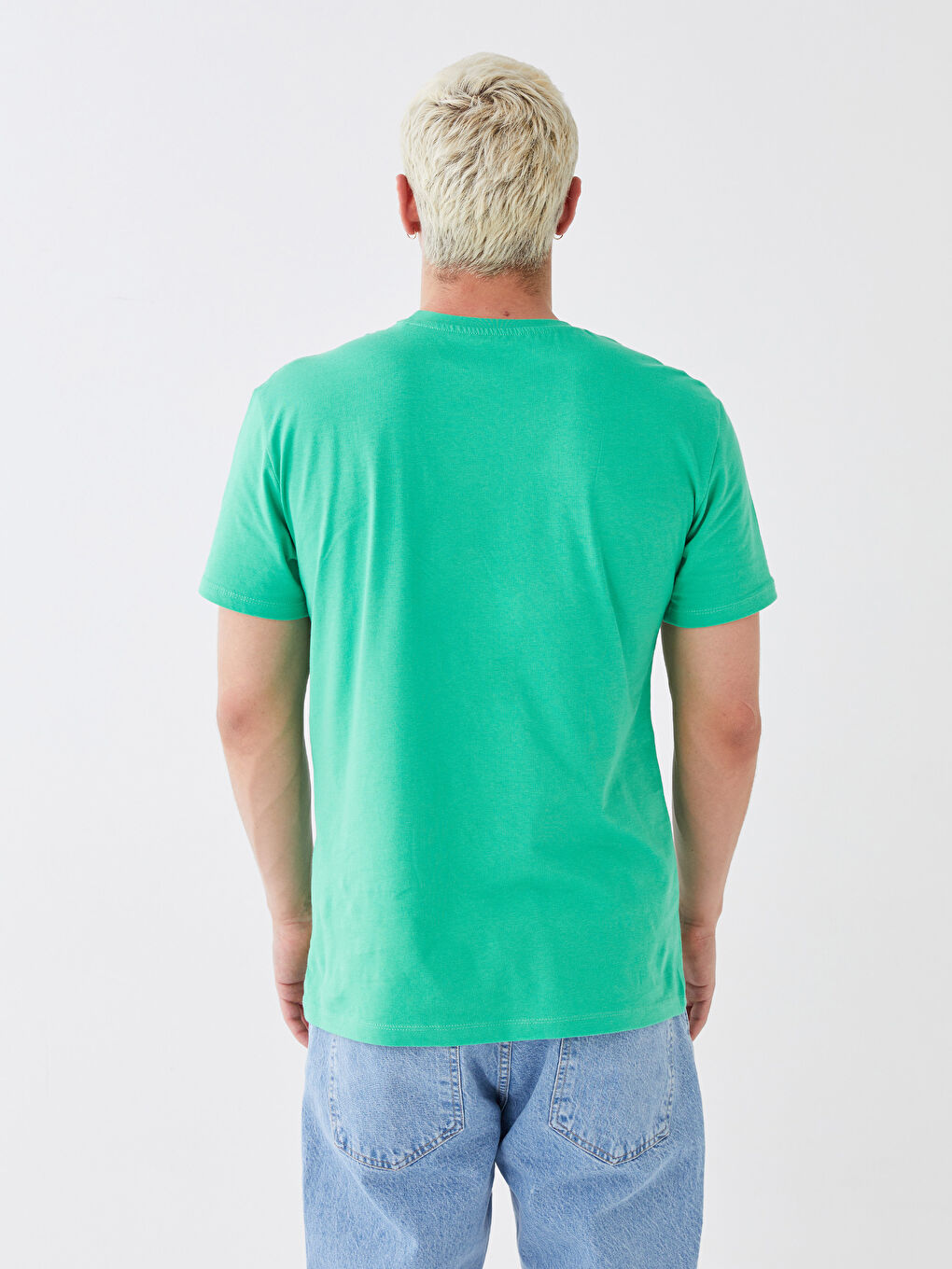 Yeşil Bisiklet Yaka Kısa Kollu Nakışlı Erkek Tişört-4