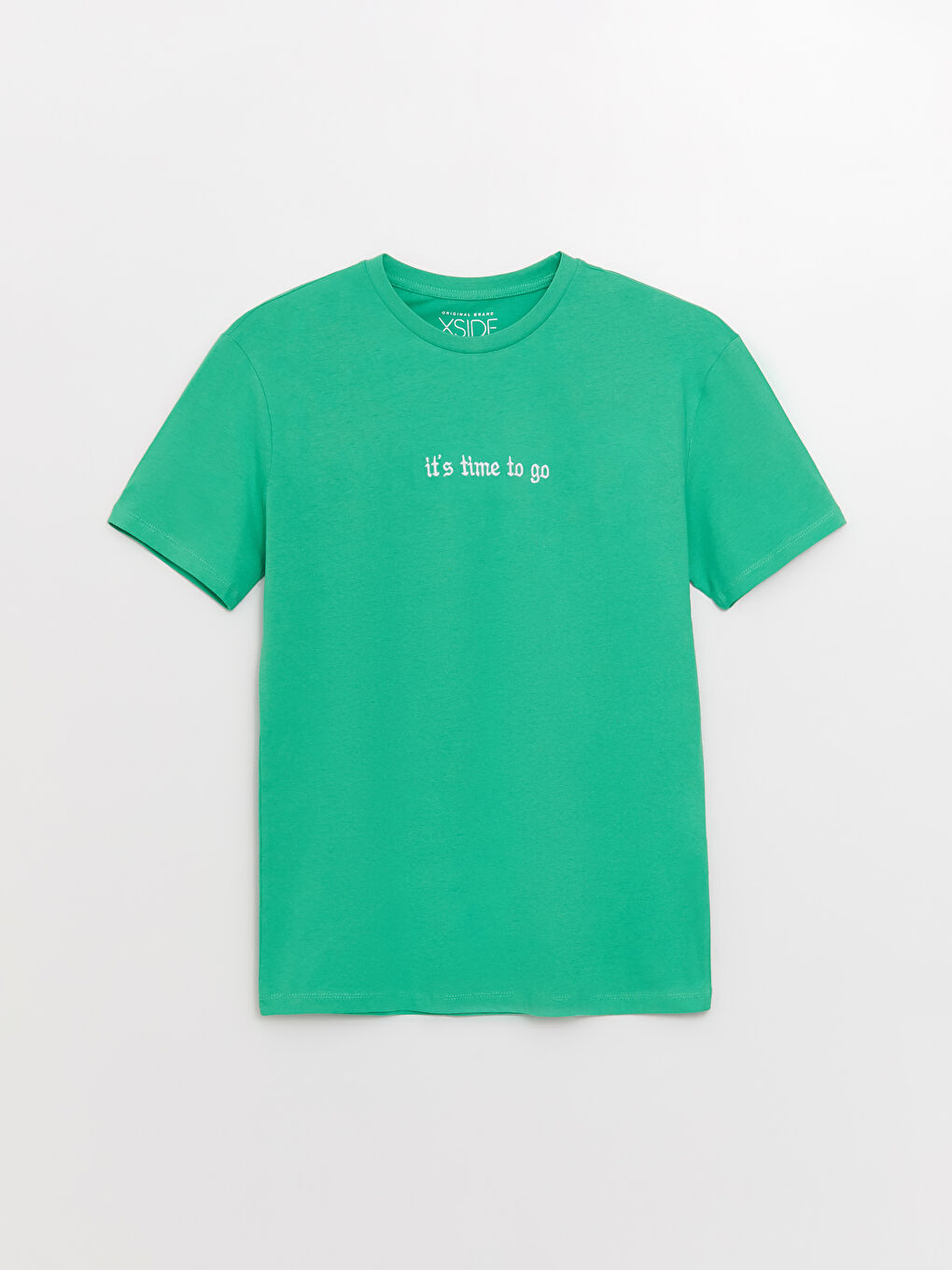 Yeşil Bisiklet Yaka Kısa Kollu Nakışlı Erkek Tişört-5