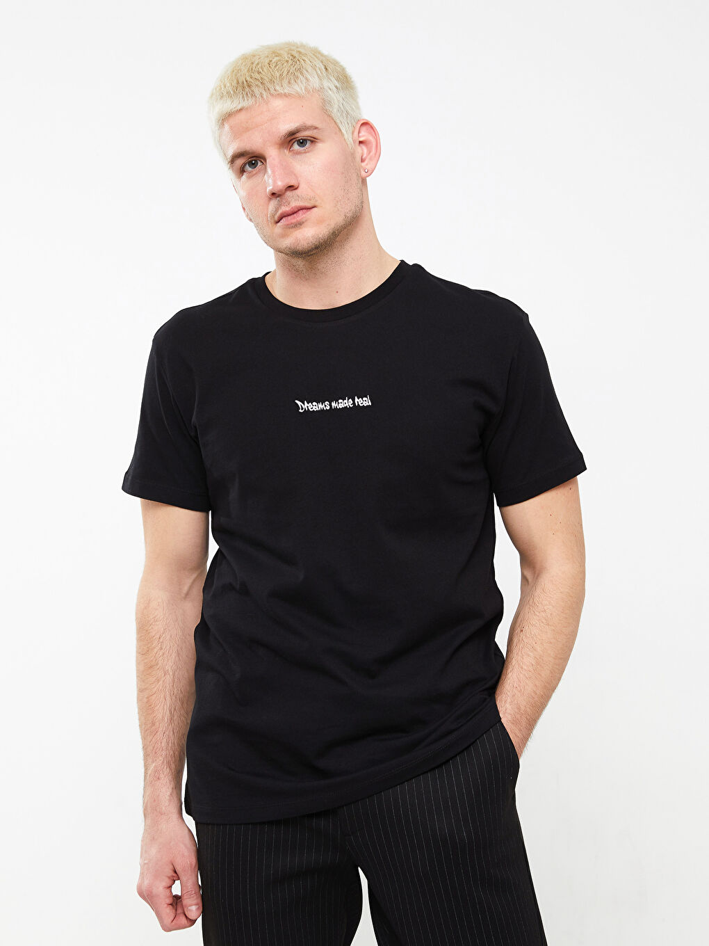 Siyah Bisiklet Yaka Kısa Kollu Baskılı Penye Erkek Tişört-1