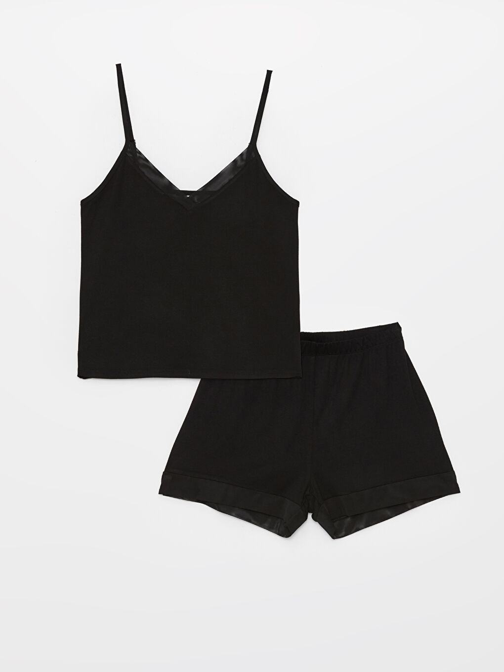 Siyah V Yaka Düz Askılı Kadın Şortlu Pijama Takımı-5