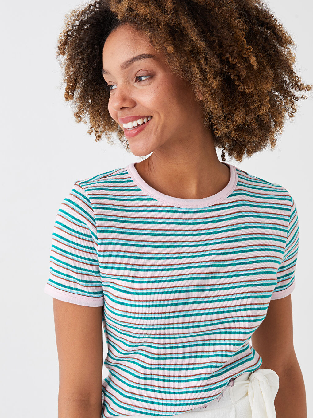 Crew Neck Striped Short Sleeve Women's T-Shirt-1