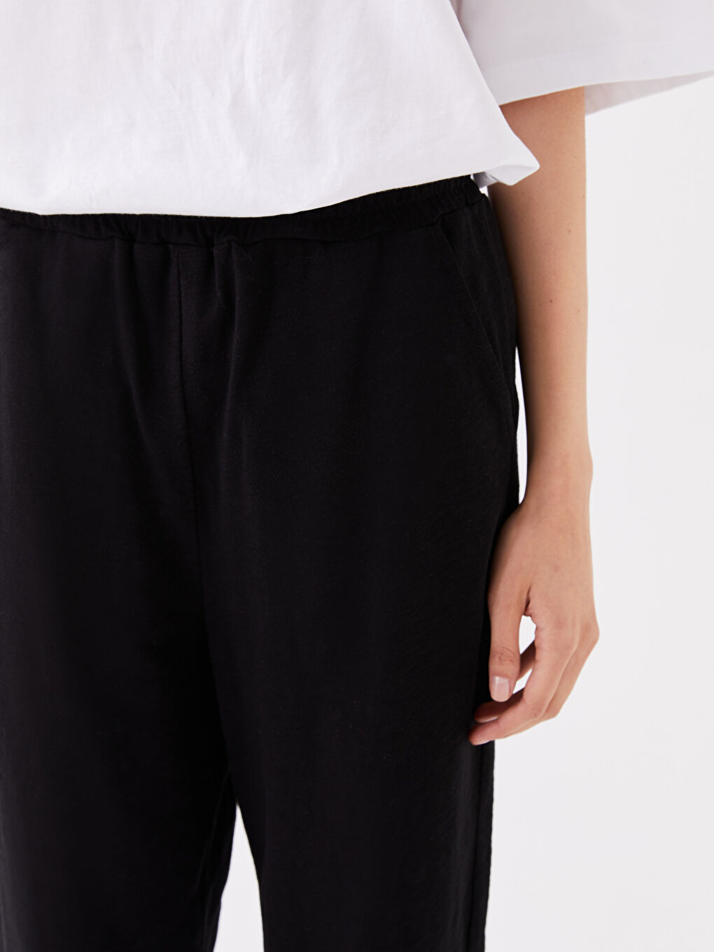 Siyah Beli Lastikli Düz Oversize Kadın Eşofman Altı-1