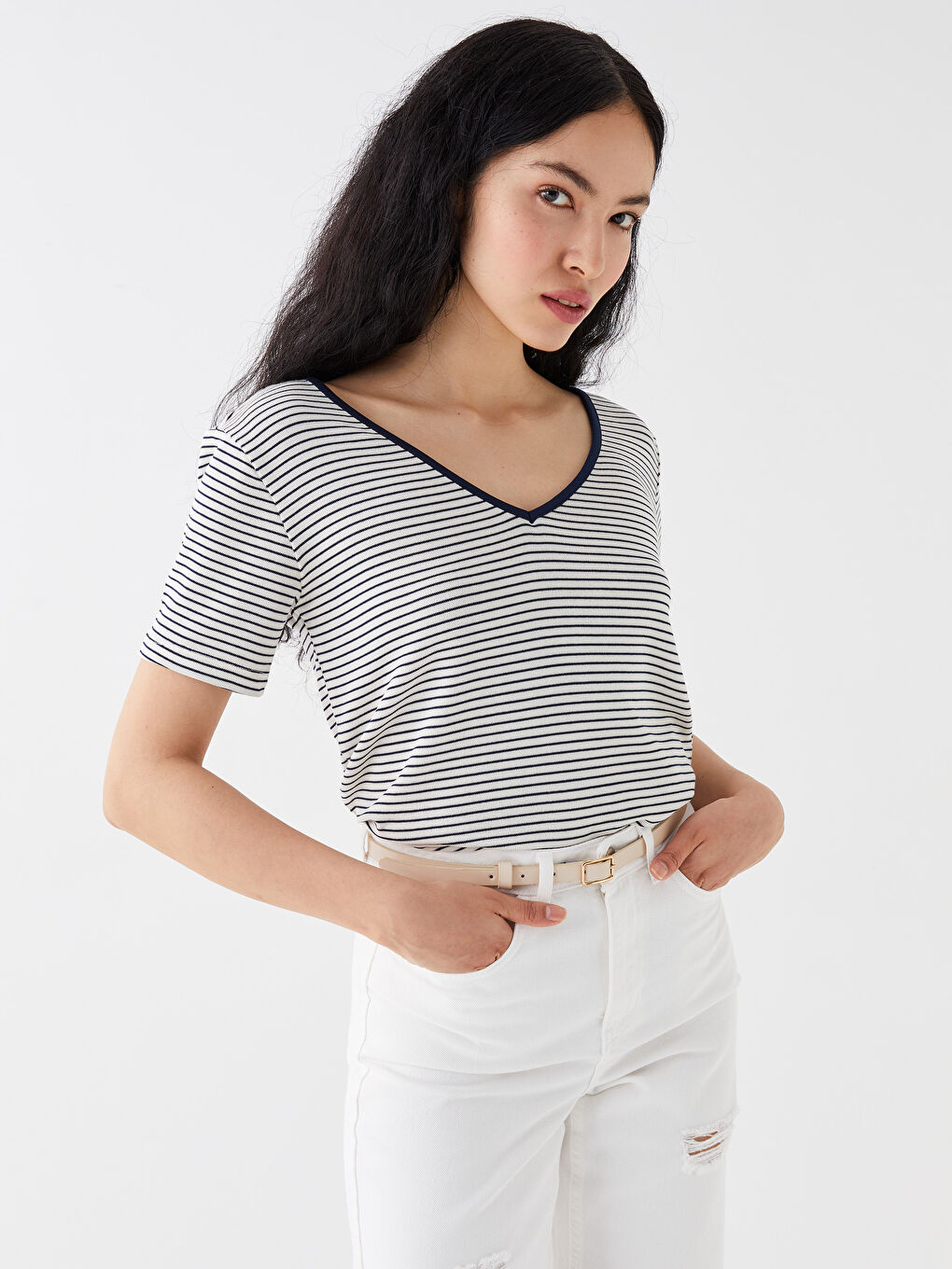 V-Neck Striped Short Sleeve Women's T-Shirt