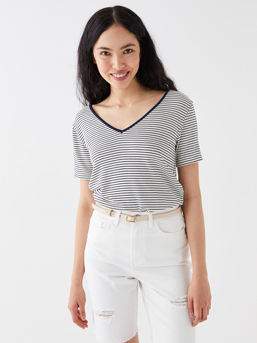 V-Neck Striped Short Sleeve Women's T-Shirt-1