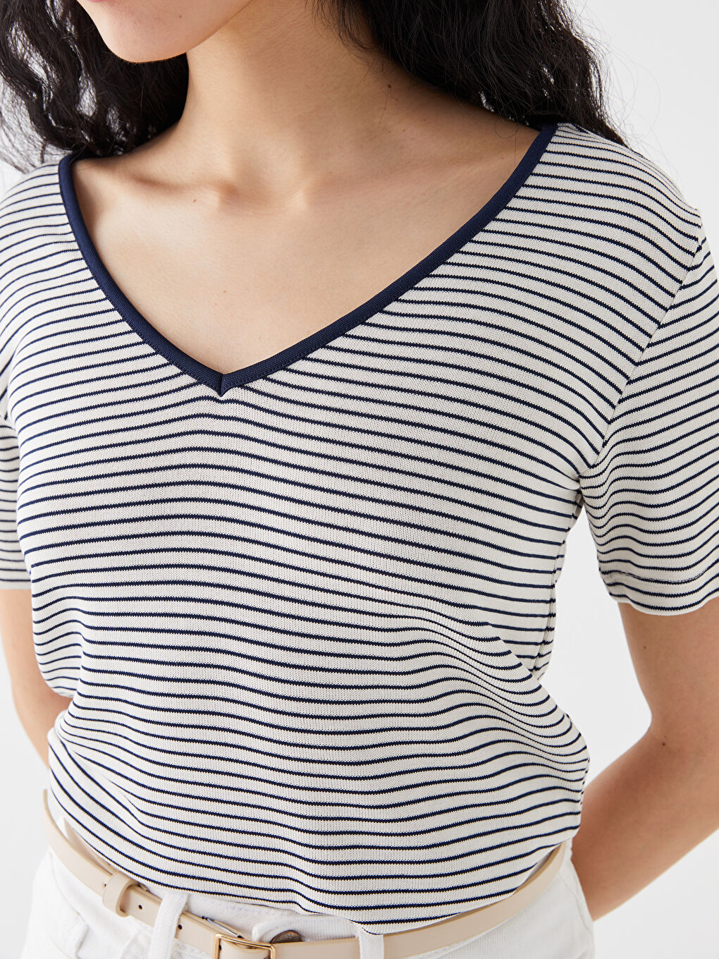 V-Neck Striped Short Sleeve Women's T-Shirt-3