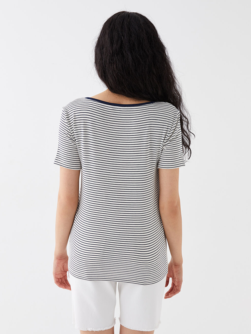 V-Neck Striped Short Sleeve Women's T-Shirt-4