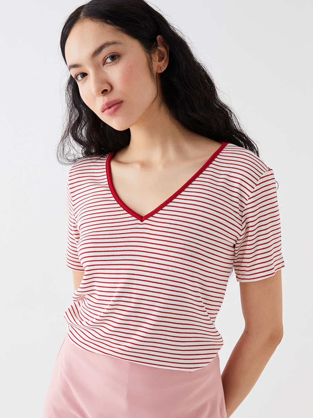 V-Neck Striped Short Sleeve Women's T-Shirt