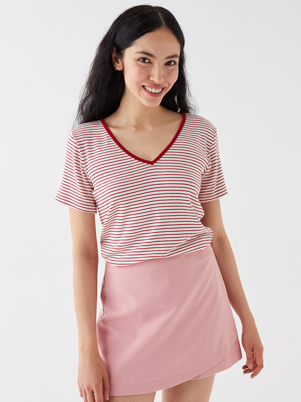 V-Neck Striped Short Sleeve Women's T-Shirt-1
