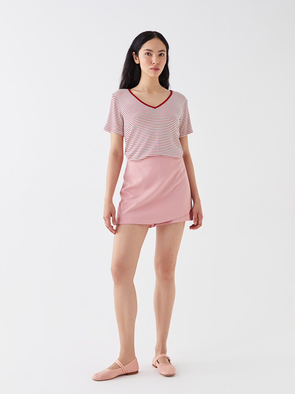 V-Neck Striped Short Sleeve Women's T-Shirt-2