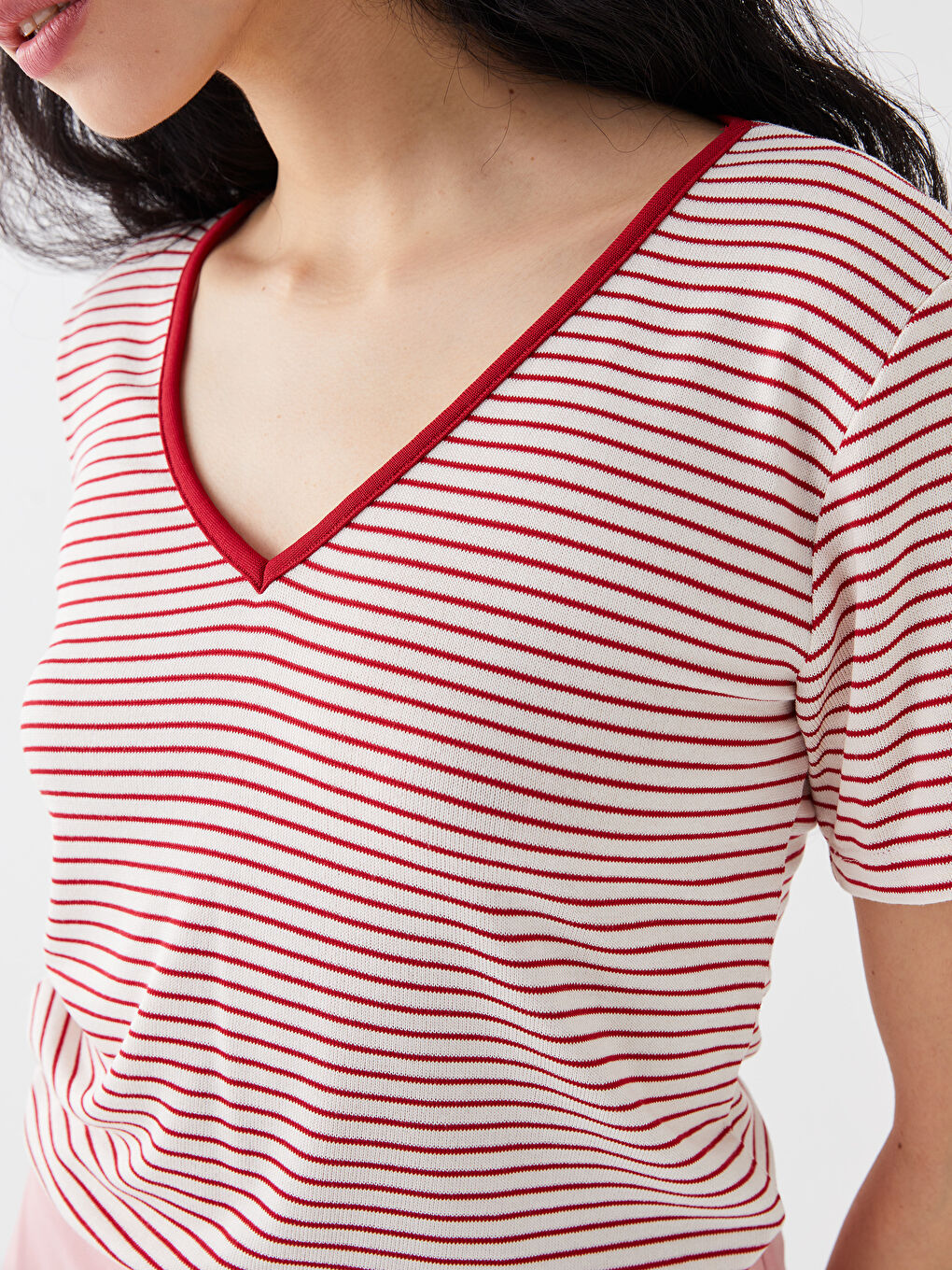 V-Neck Striped Short Sleeve Women's T-Shirt-3