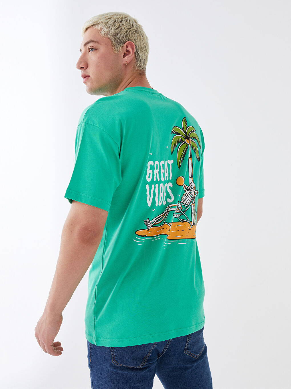 Yeşil Bisiklet Yaka Kısa Kollu Baskılı Penye Erkek Tişört