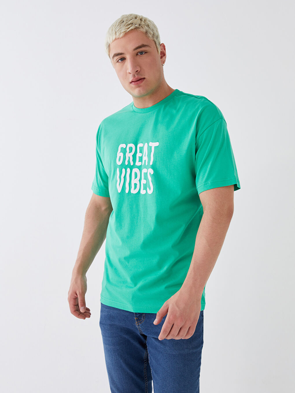 Yeşil Bisiklet Yaka Kısa Kollu Baskılı Penye Erkek Tişört-1