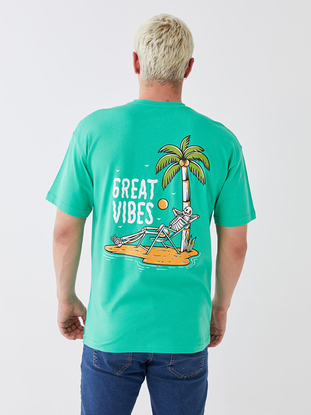 Yeşil Bisiklet Yaka Kısa Kollu Baskılı Penye Erkek Tişört-4