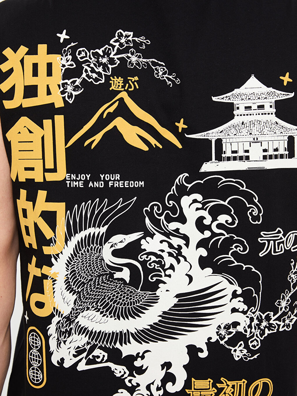 Siyah Bisiklet Yaka Baskılı Erkek Kolsuz Tişört-3