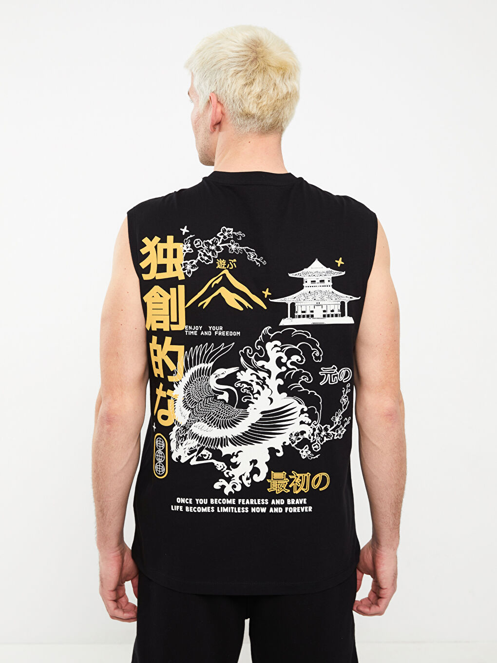 Siyah Bisiklet Yaka Baskılı Erkek Kolsuz Tişört-4