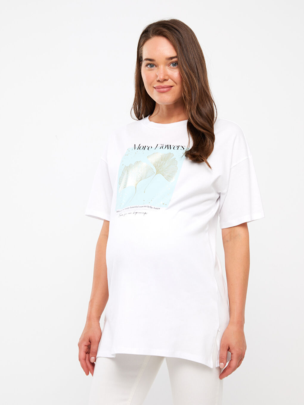 Beyaz Bisiklet Yaka Baskılı Kısa Kollu Hamile Tunik