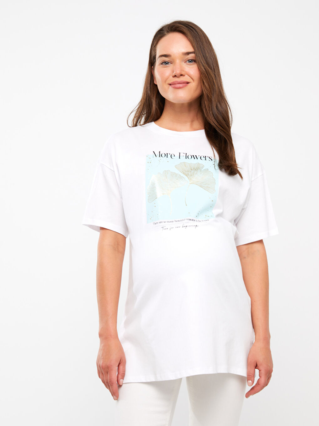 Beyaz Bisiklet Yaka Baskılı Kısa Kollu Hamile Tunik-1