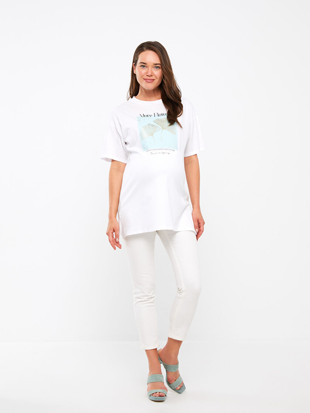 Beyaz Bisiklet Yaka Baskılı Kısa Kollu Hamile Tunik-2