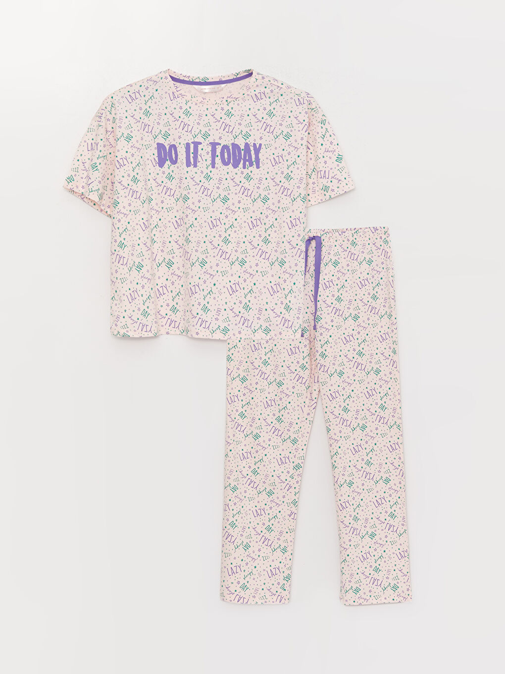 Pembe Bisiklet Yaka Desenli Kısa Kollu Kadın Pijama Takımı-5