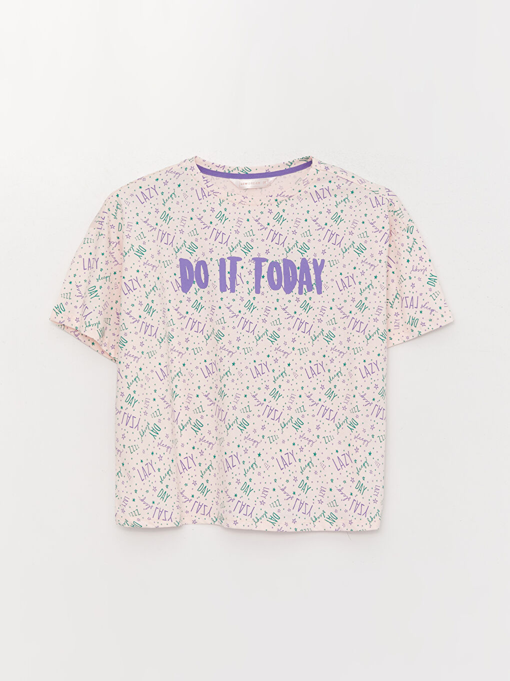 Pembe Bisiklet Yaka Desenli Kısa Kollu Kadın Pijama Takımı-6