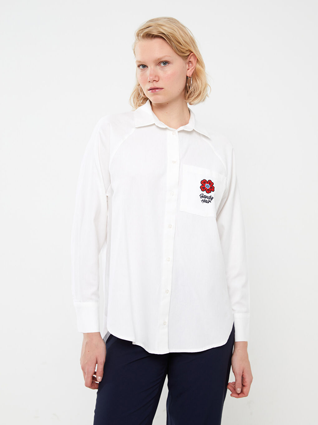 Embroidered Long Sleeve Oversize Poplin Women's Shirt Tunic-1