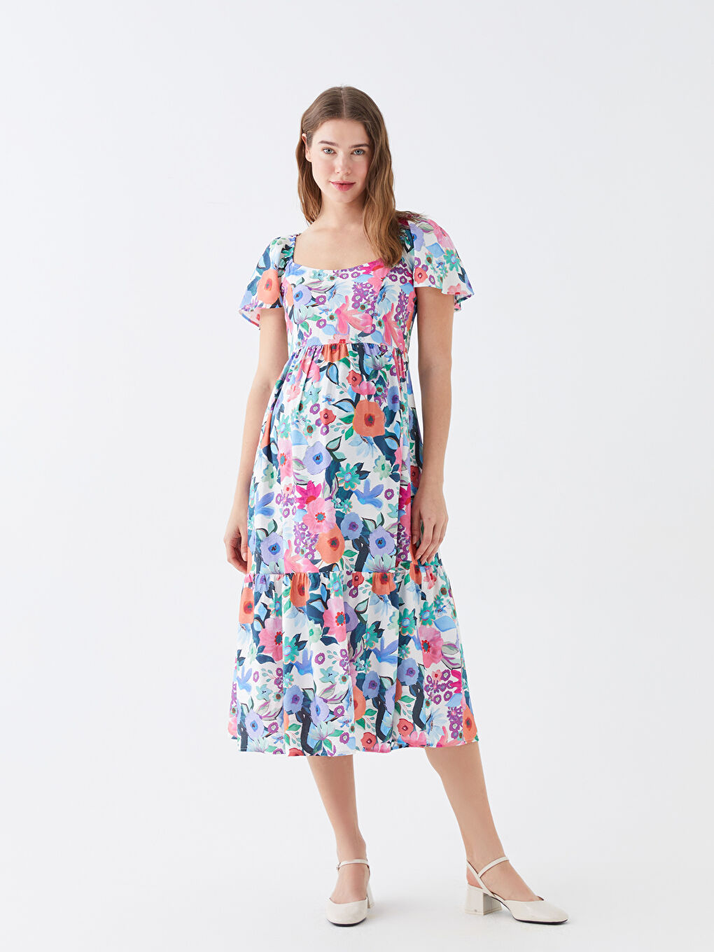 Pembe U Yaka Çiçekli Kısa Kollu Hamile Elbise