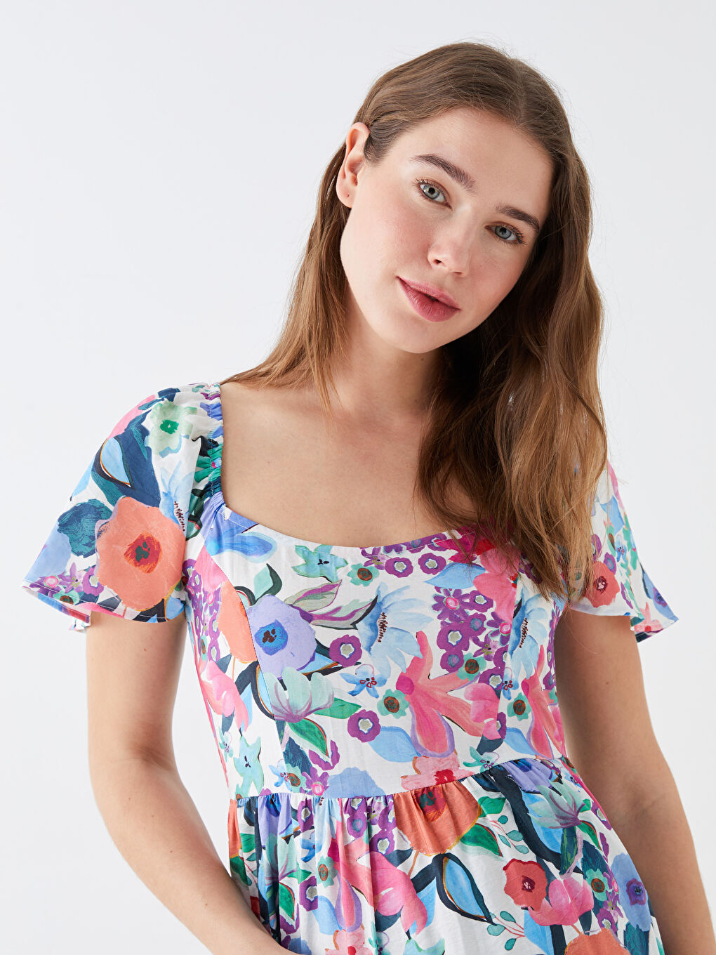 Pembe U Yaka Çiçekli Kısa Kollu Hamile Elbise-2