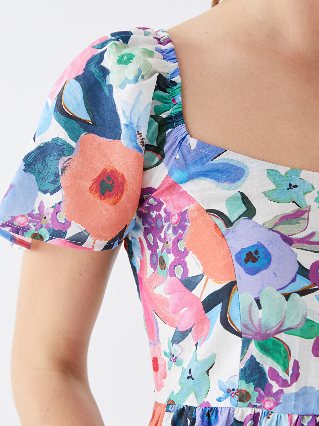 Pembe U Yaka Çiçekli Kısa Kollu Hamile Elbise-3