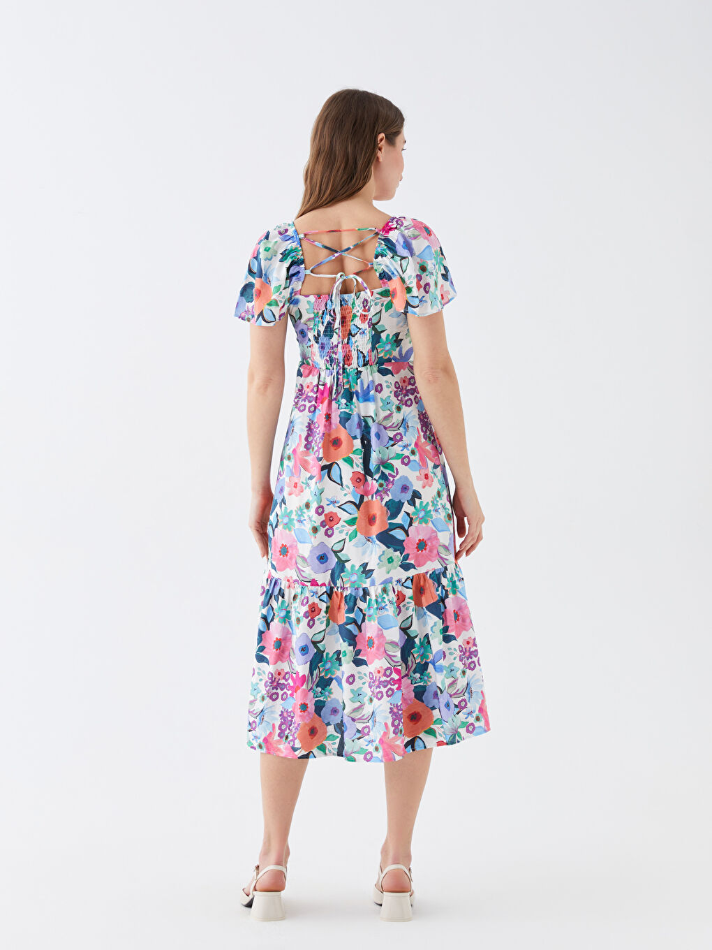 Pembe U Yaka Çiçekli Kısa Kollu Hamile Elbise-4