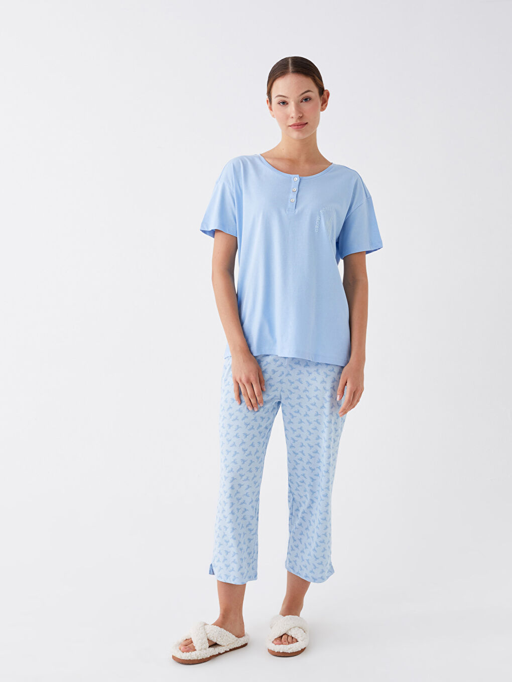 Mavi Bisiklet Yaka Desenli Kadın Kaprili Pijama Takımı