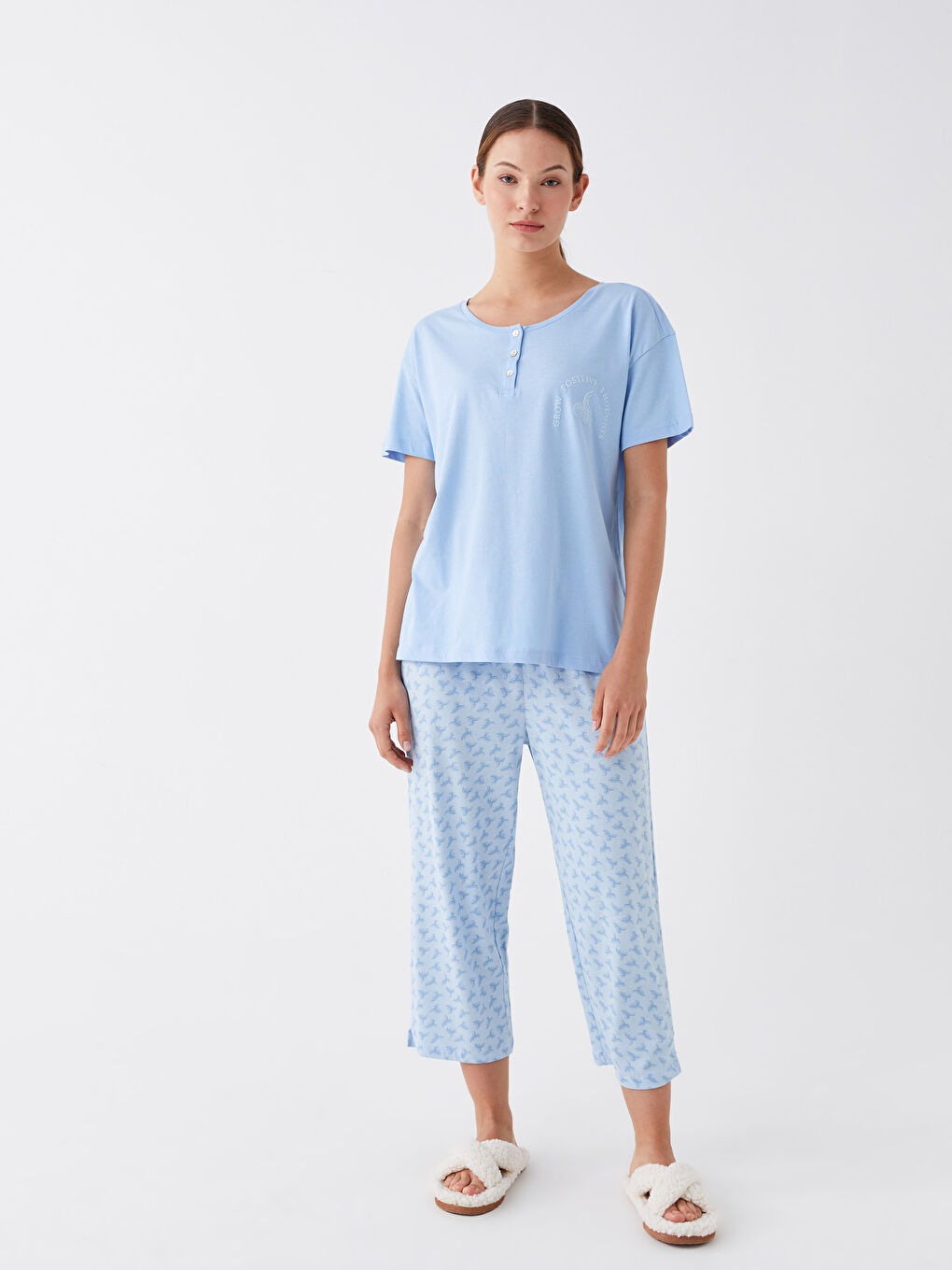 Mavi Bisiklet Yaka Desenli Kadın Kaprili Pijama Takımı-1